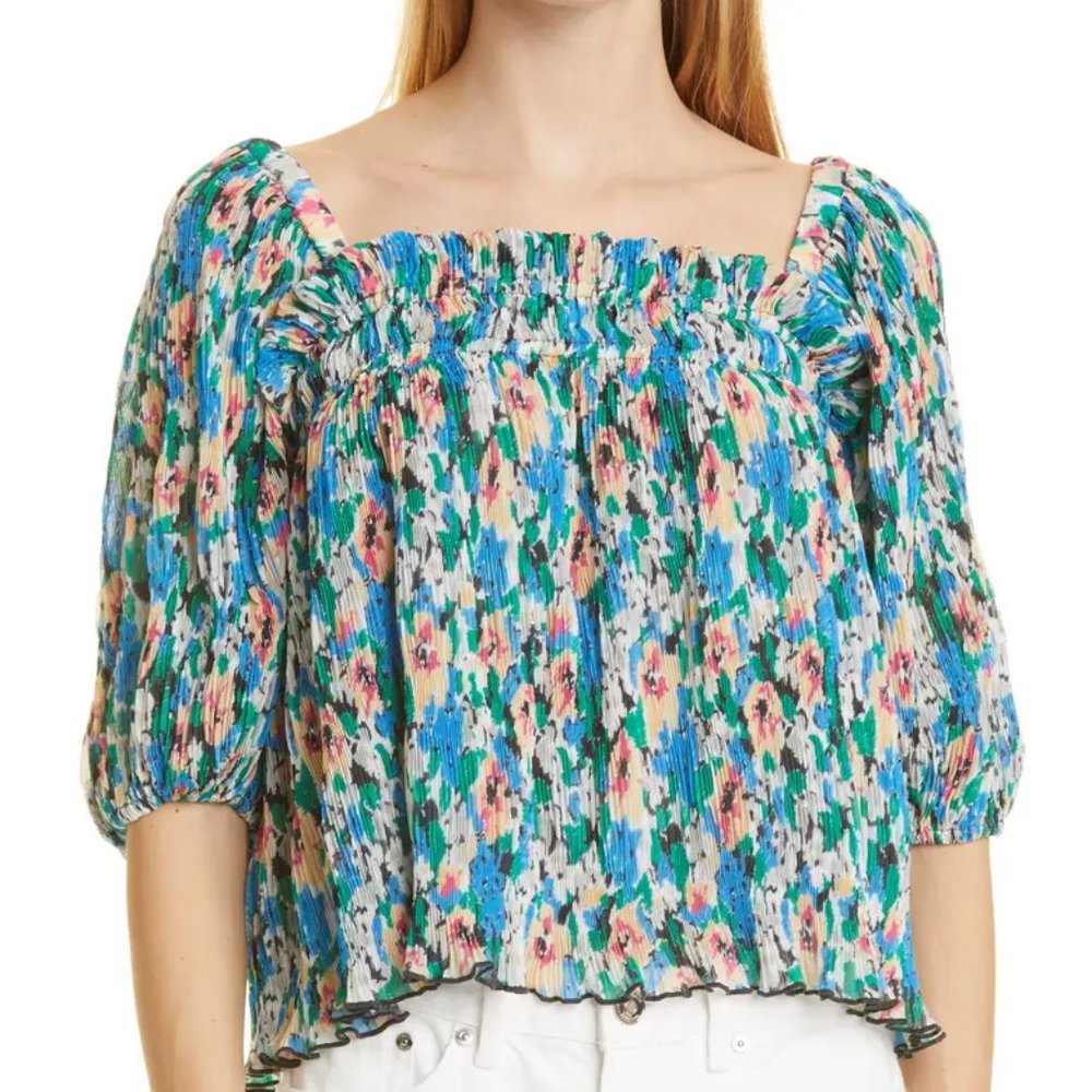 GANNI Floral Print Plissé Smocked Georgette Top